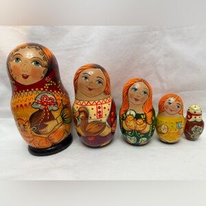 Hand-Painted Orange Russian Nesting Dolls Matryoshka Set of 5 Artist Signed